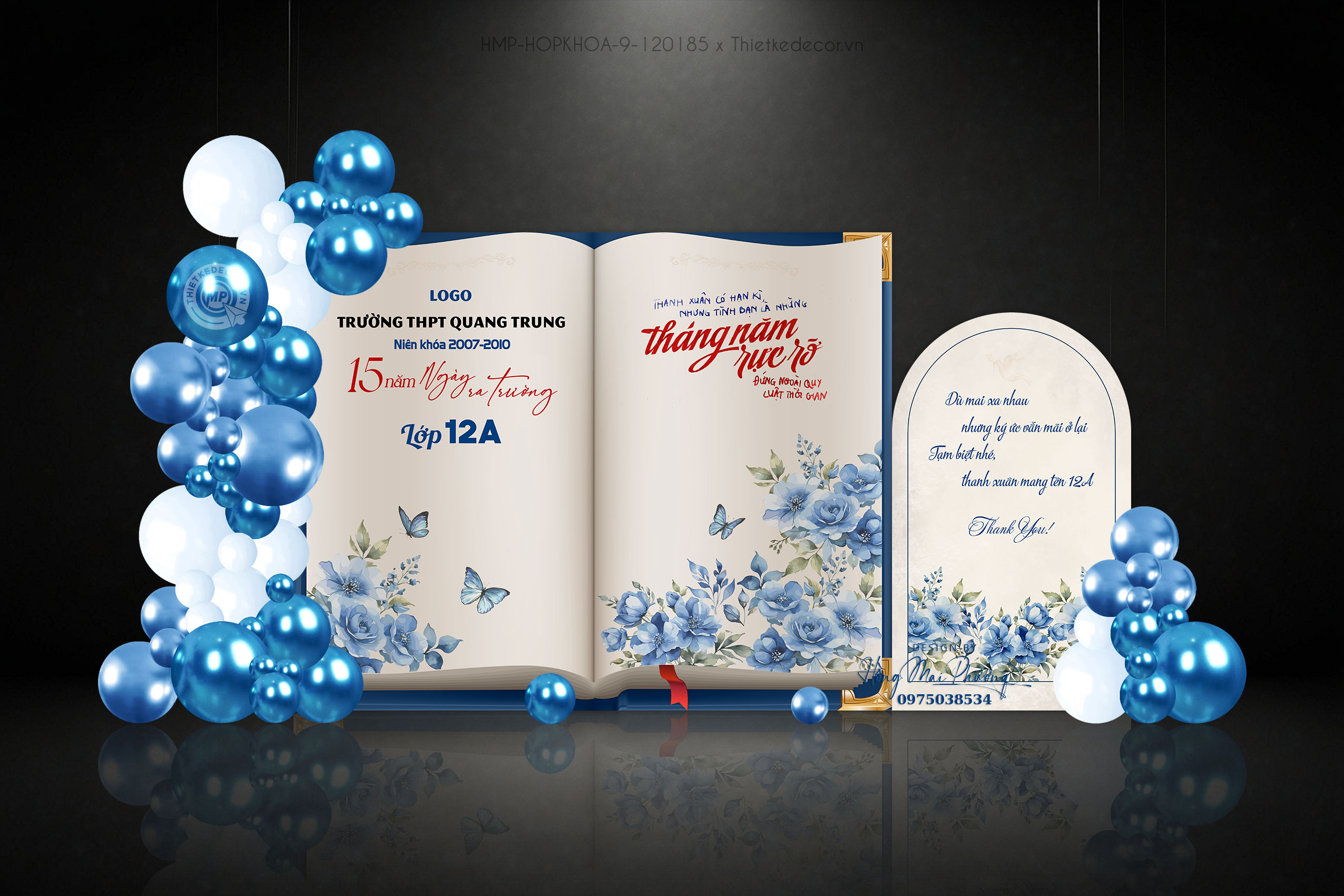 Backdrop họp lớp 15 năm ngày về trường tone xanh họa tiết hoa bướm